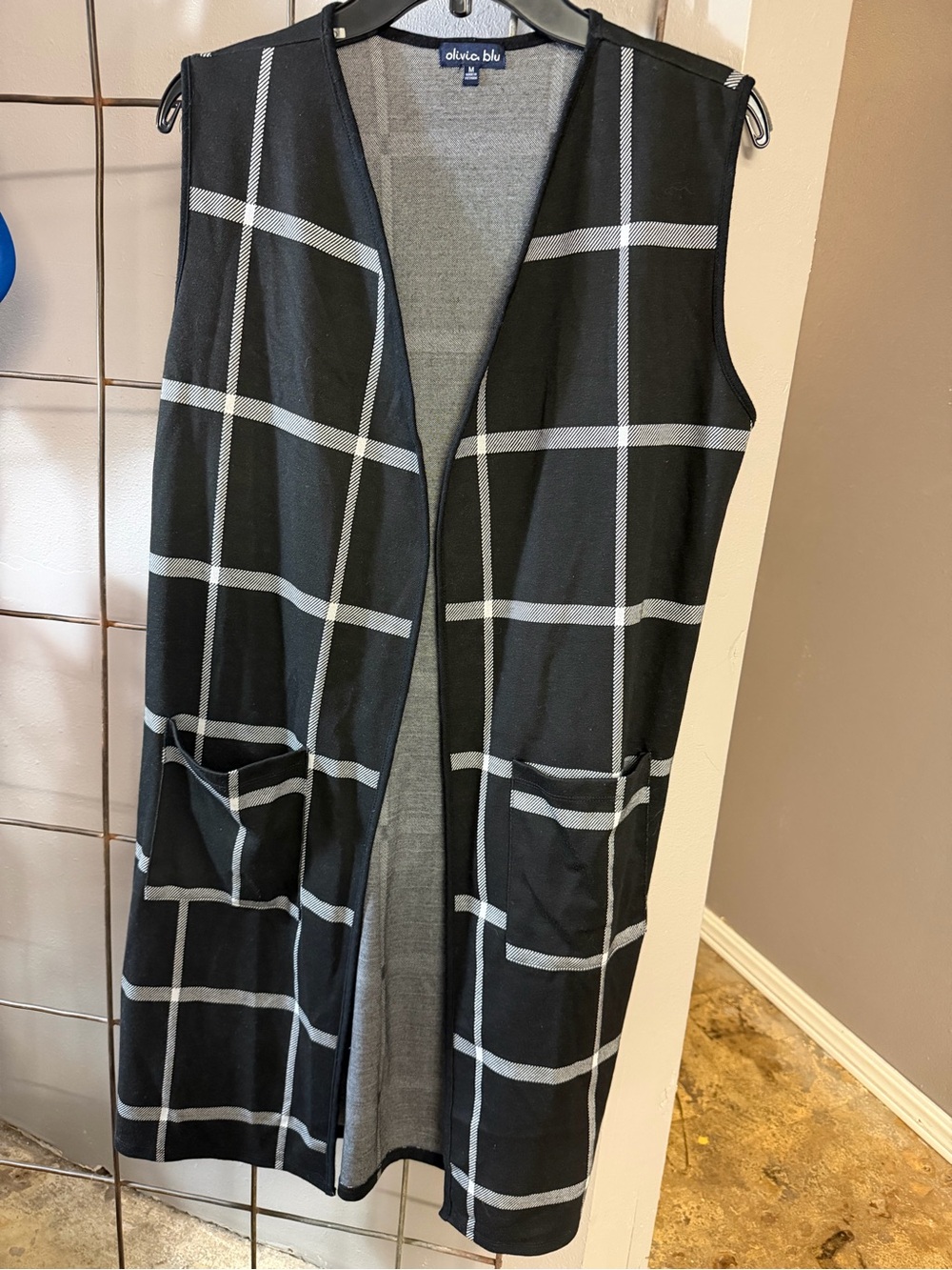 Olivia Blu Black Windowpane Long Knit Vest
